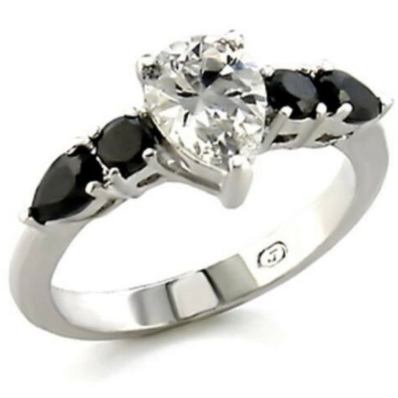 Silver Pear Cut Engagement Ring Black Onyx CZ Simulated Plated Size 8 9 10 - Picture 1 of 9